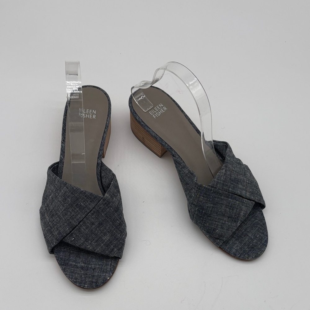 Eileen Fisher Chambray Ruche Slide Mule Stacked Heels Women Size 11 BLEMISH